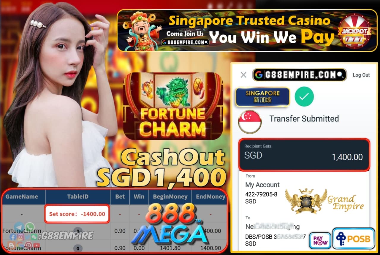 MEGA888 -FORTUNECHARM CASHOUT SGD1,400 !!!