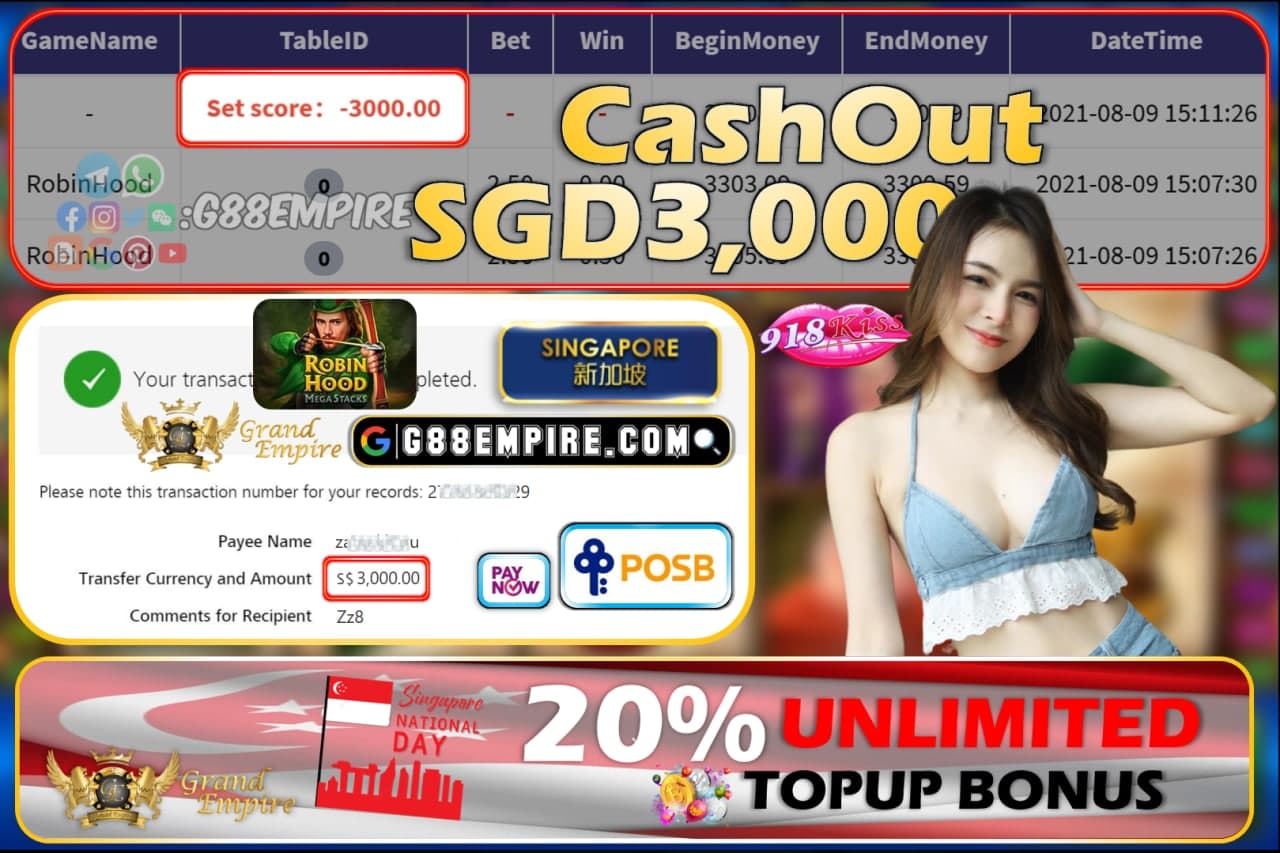 918KISS - ROBINHOOD CASHOUT SGD3,000 !!!