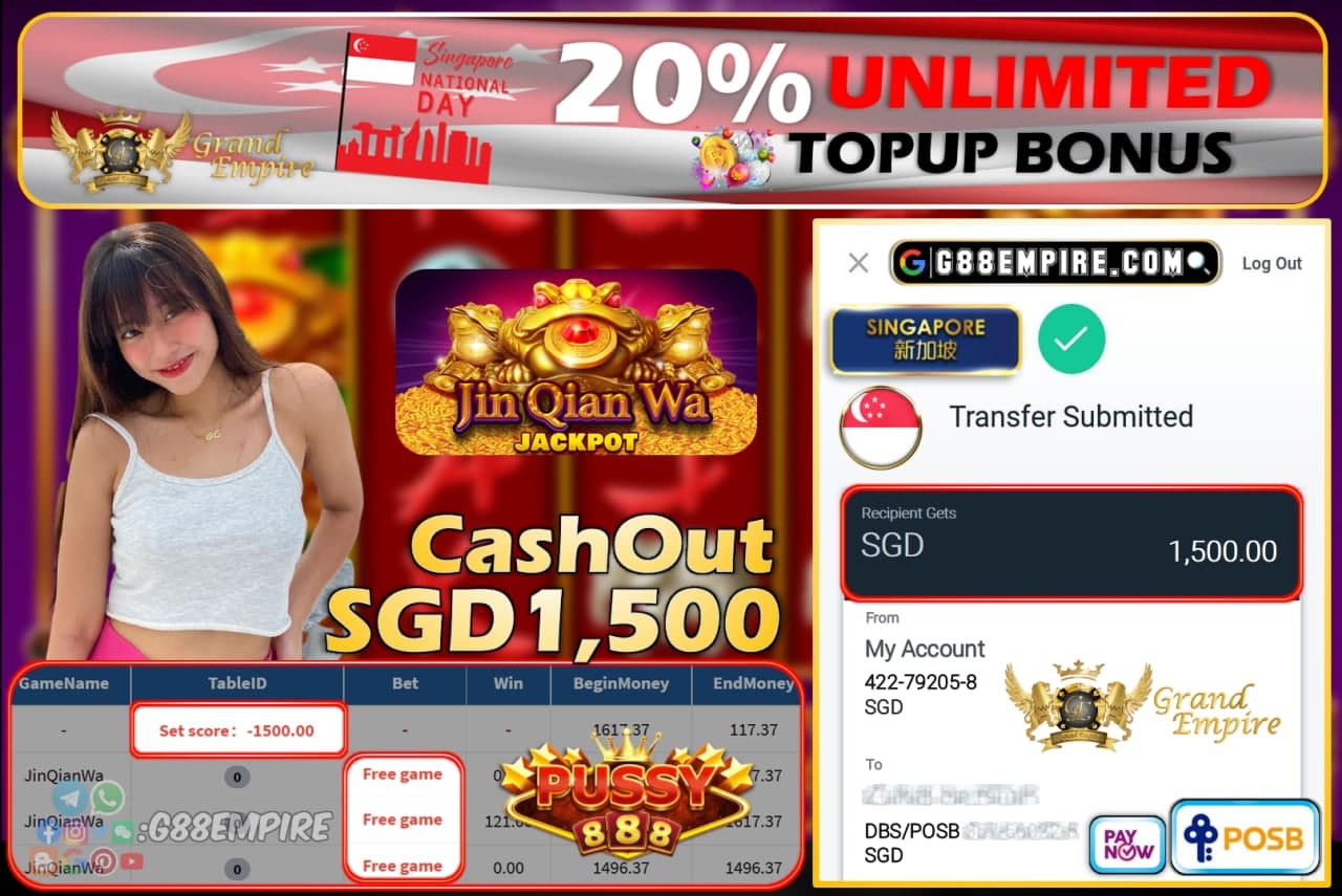 PUSSY888 - JINQIANWA CASHOUT SGD1500 !!!