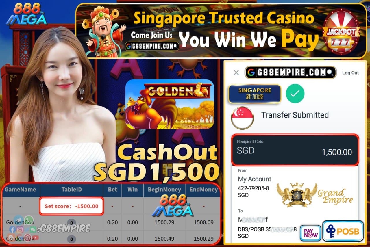 MEGA888 - GOLDENCOK CASHOUT SGD1,500 !!!