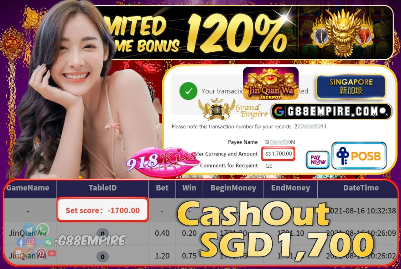 918KISS- JINQIANWA CASHOUT SGD1700 !!!