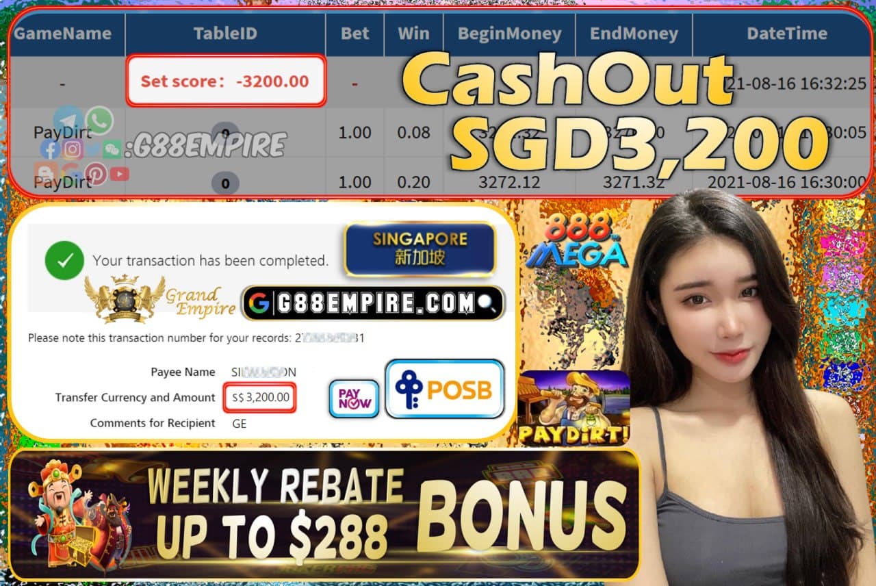 MEGA888 - PAYDIRT CASHOUT SGD3200 !!!