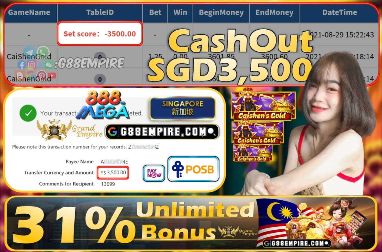 MEGA888 - CAISHENGOLD CASHOUT SGD3500 !!!