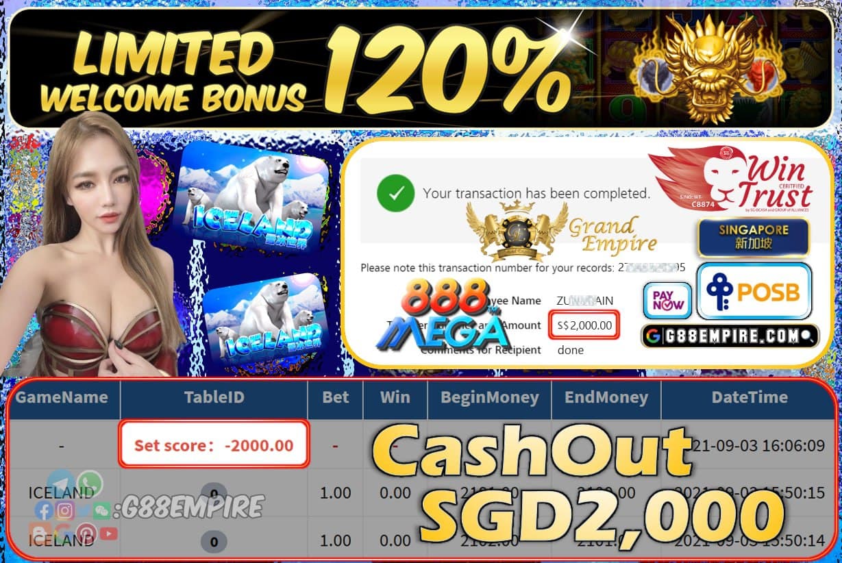 MEGA888 - ICELAND CASHOUT SGD2000 !!!