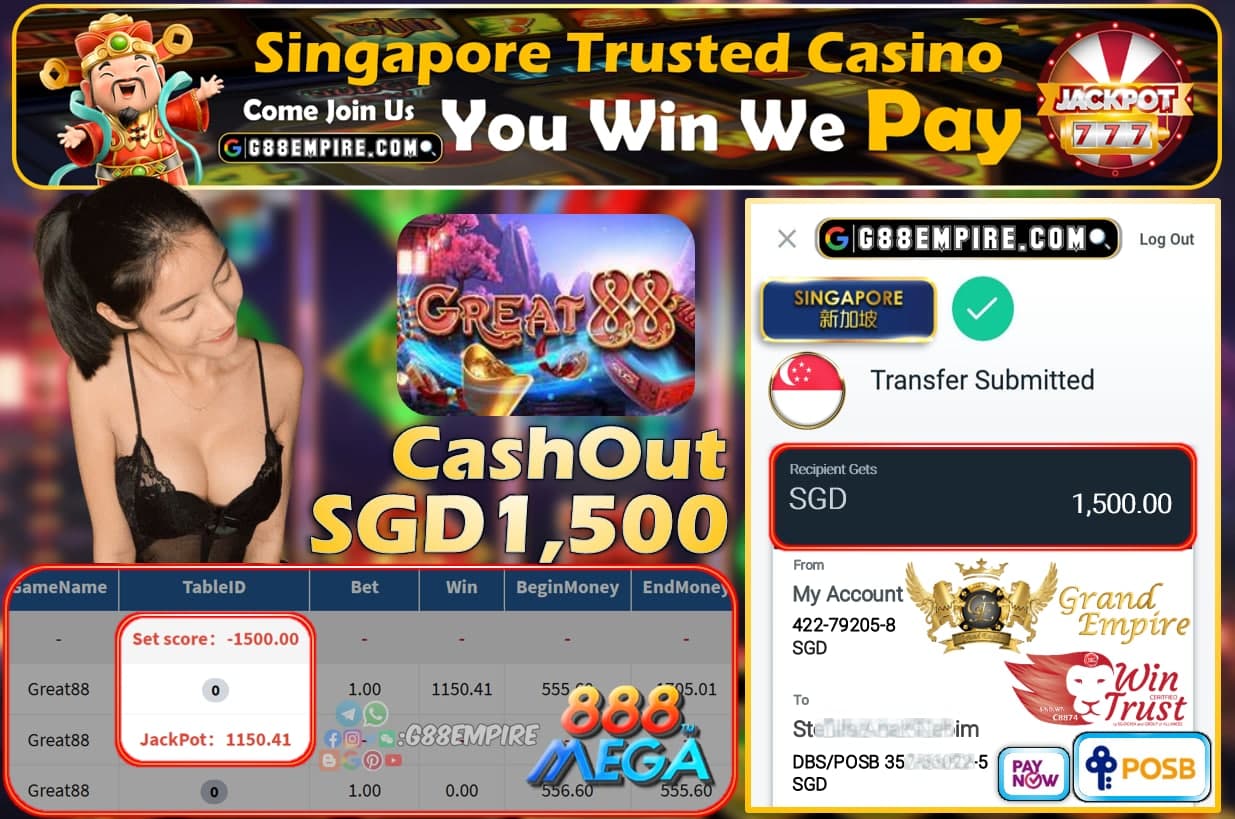 MEGA888 - GREAT88 CASHOUT SGD1500 !!!