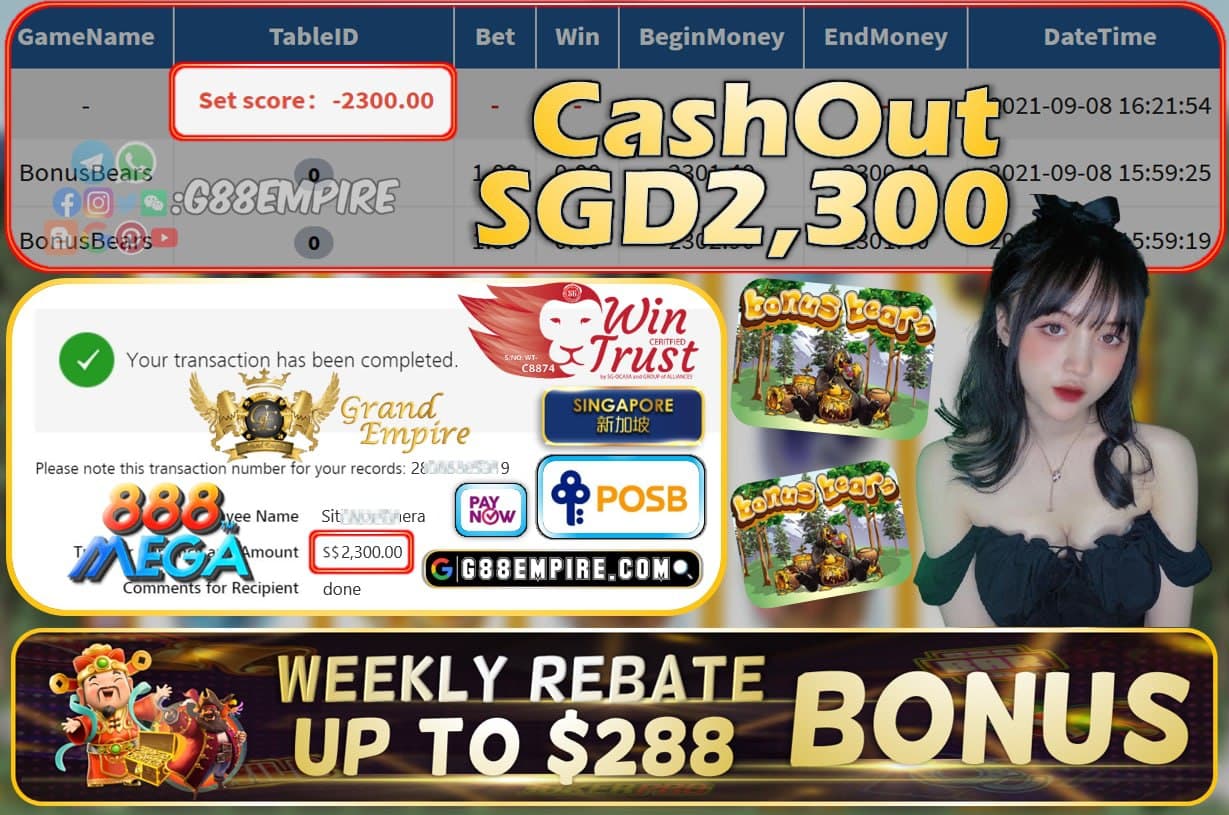 MEGA888 - BONUSBEARS CASHOUT SGD2300 !!!