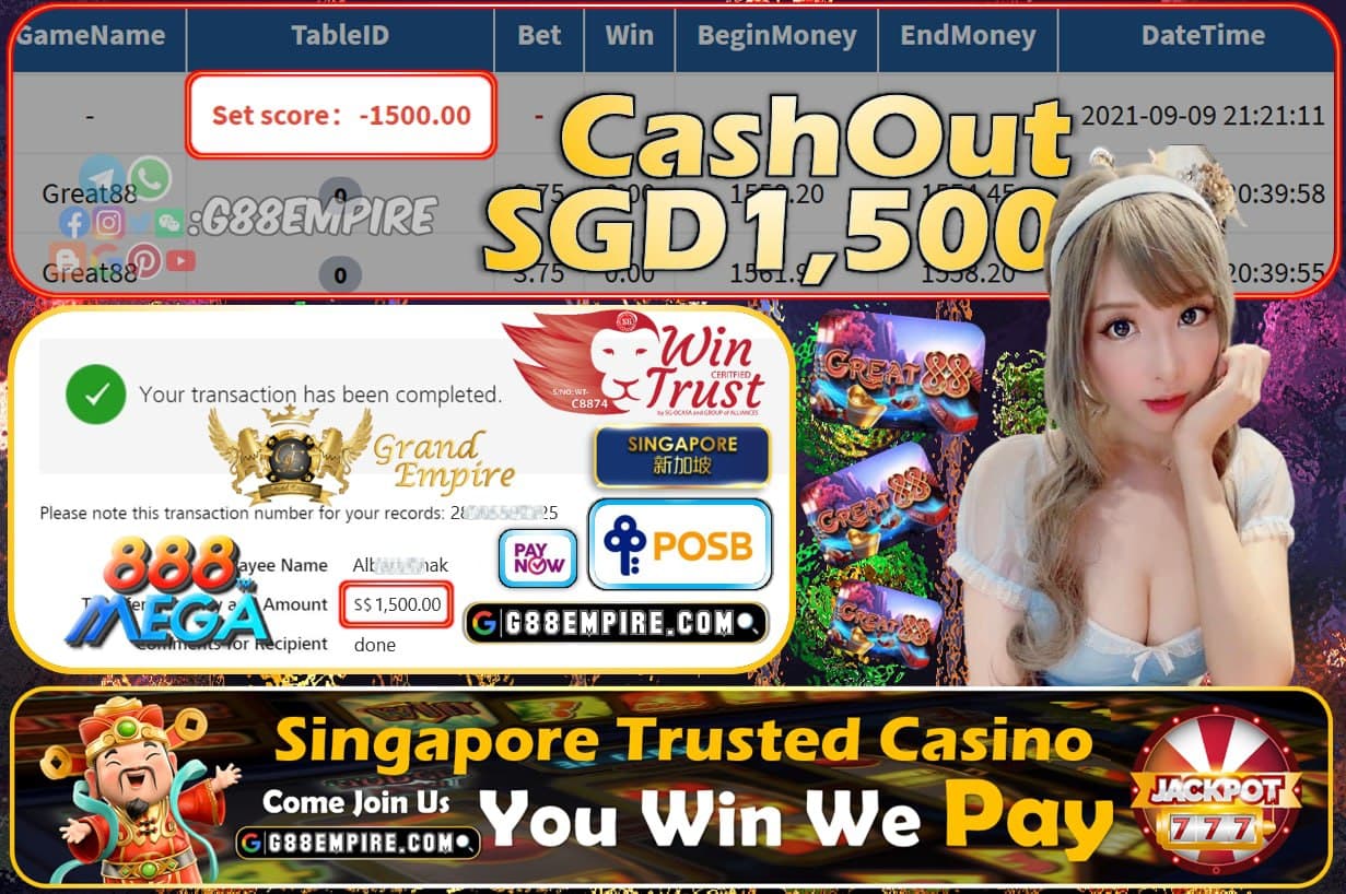 MEGA888 - GREAT88 CASHOUT SGD1500 !!!