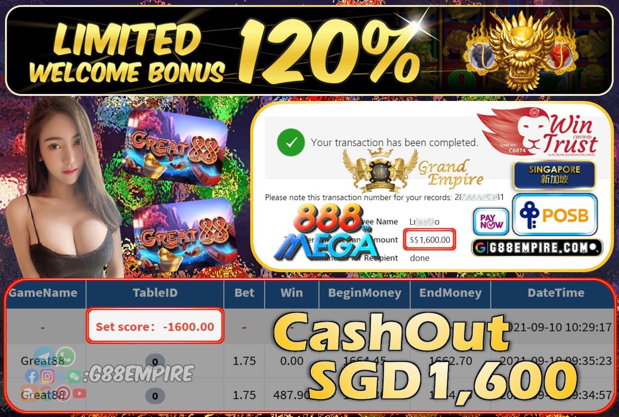 MEGA888 - GREAT88 CASHOUT SGD1600 !!!