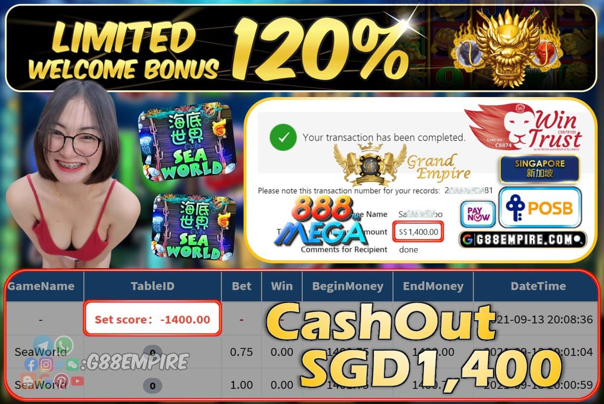 MEGA888 - SEAWORLD CASHOUT SGD1400 !!!