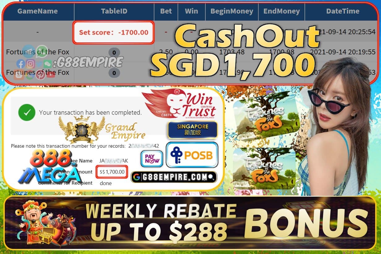 MEGA888 - FORTUNE OF THE FOX CASHOUT SGD1700 !!!