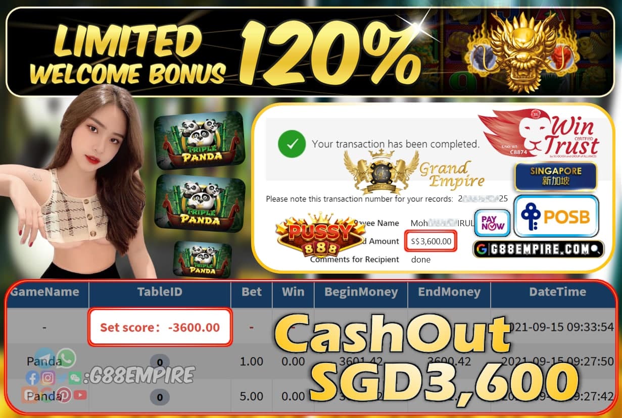 PUSSY888 - PANDA CASHOUT SGD3600 !!!