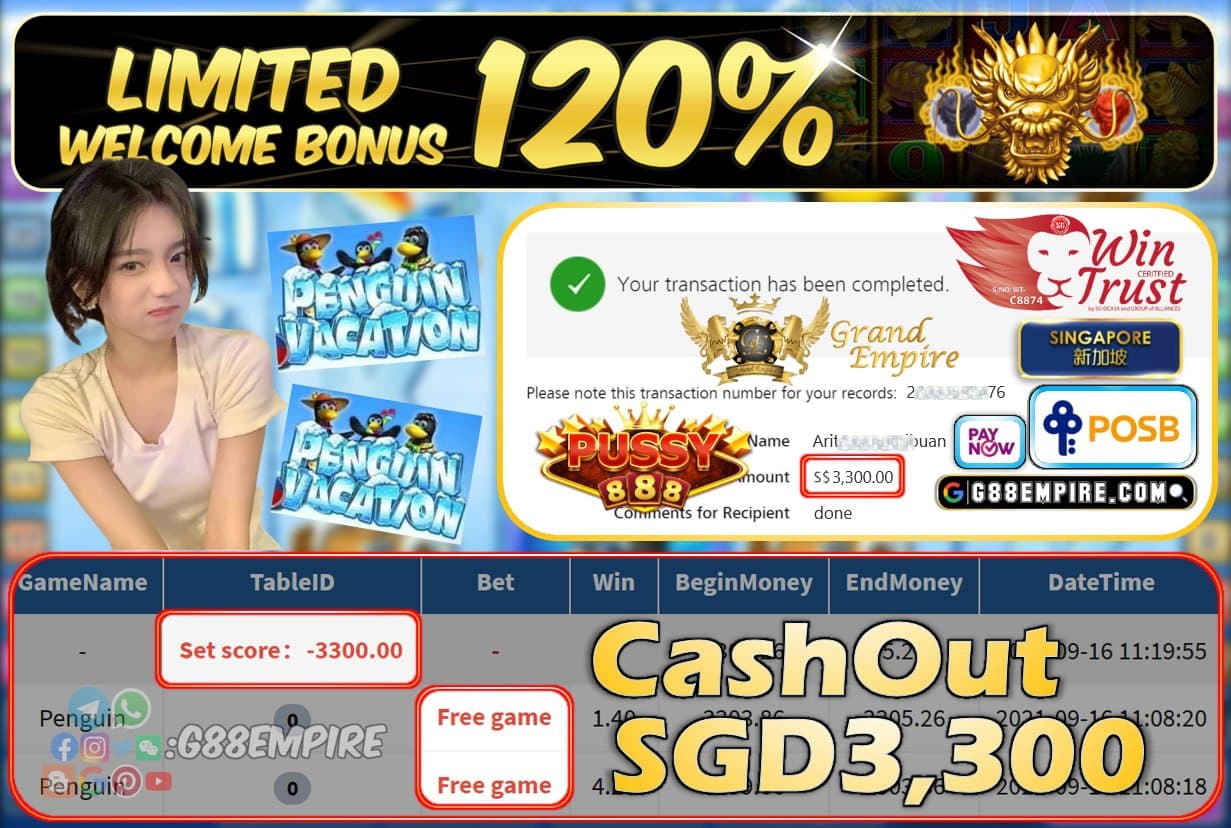 PUSSY888 - PENGUIN CASHOUT SGD3300 !!!