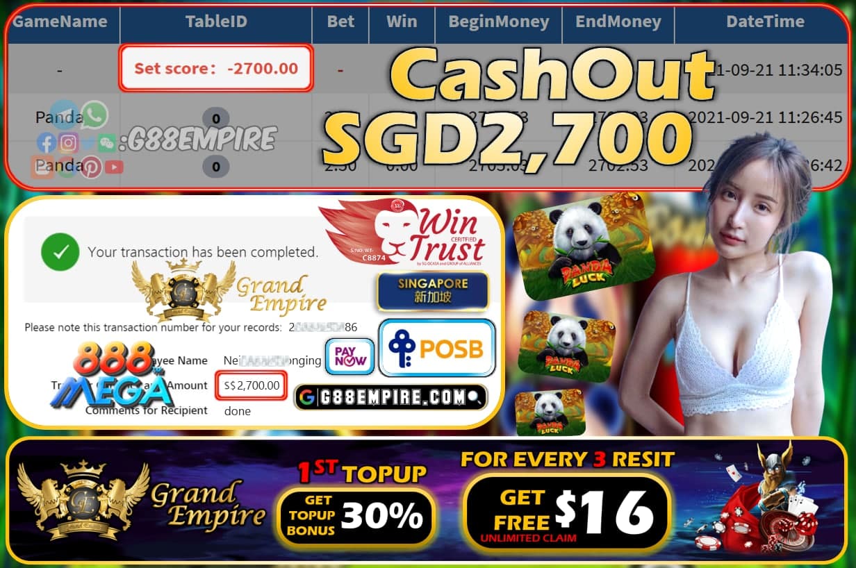 MEGA888 - PANDA CASHOUT SGD2700 !!!