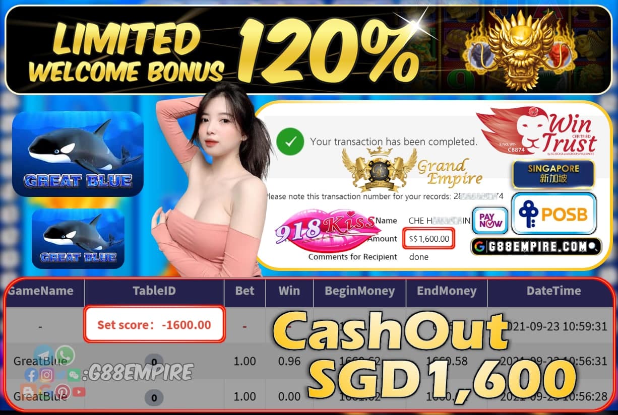 918KISS - GREATBLUE CASHOUT SGD1600 !!!