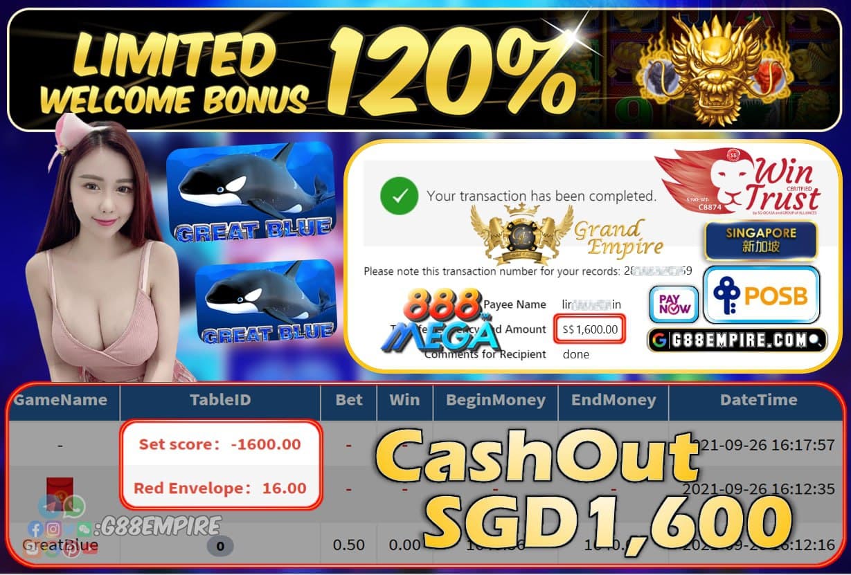 MEGA888 - GREATBLUE CASHOUT SGD1600 !!!