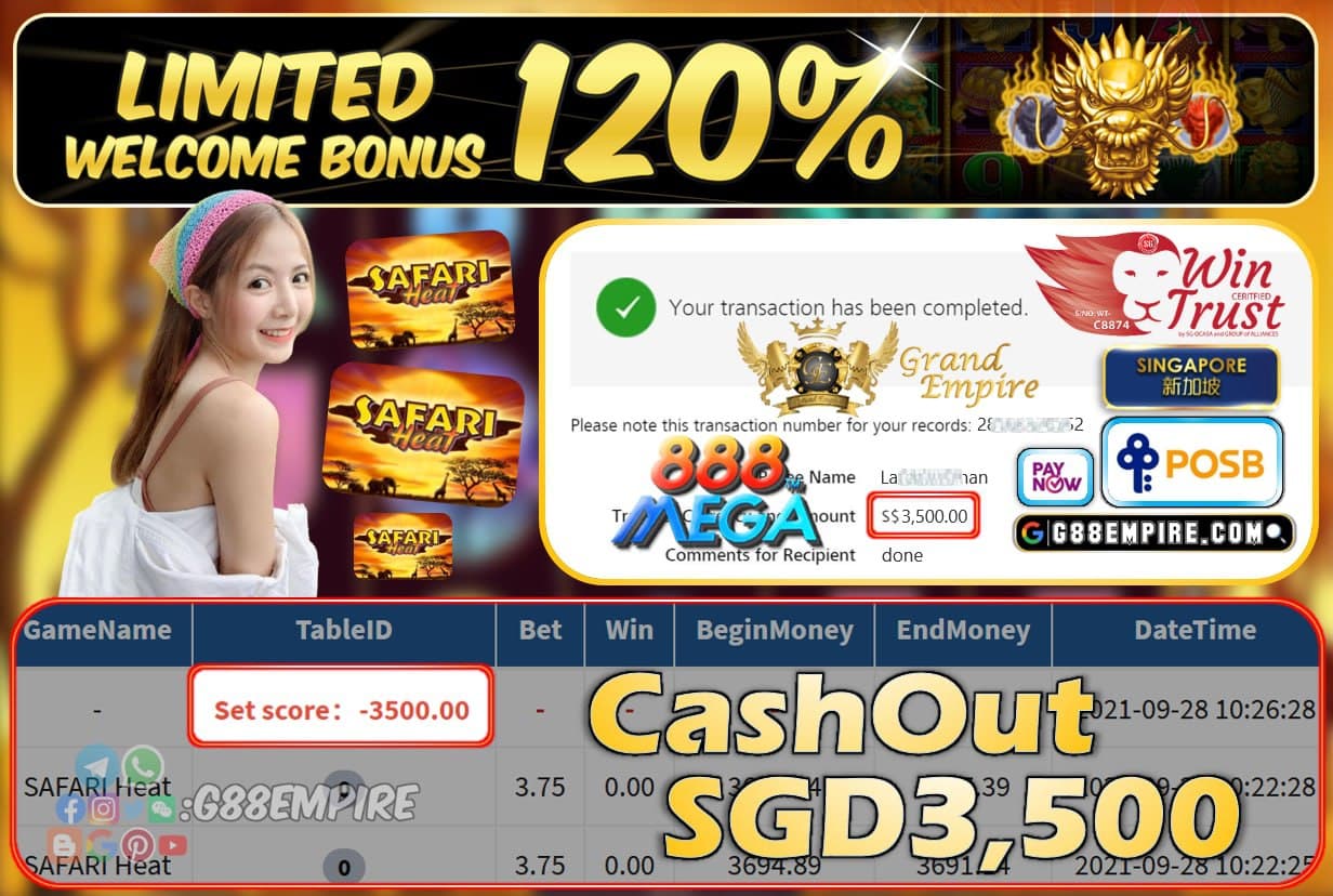 MEGA888 - SAFARIHEAT CASHOUT SGD3500 !!!