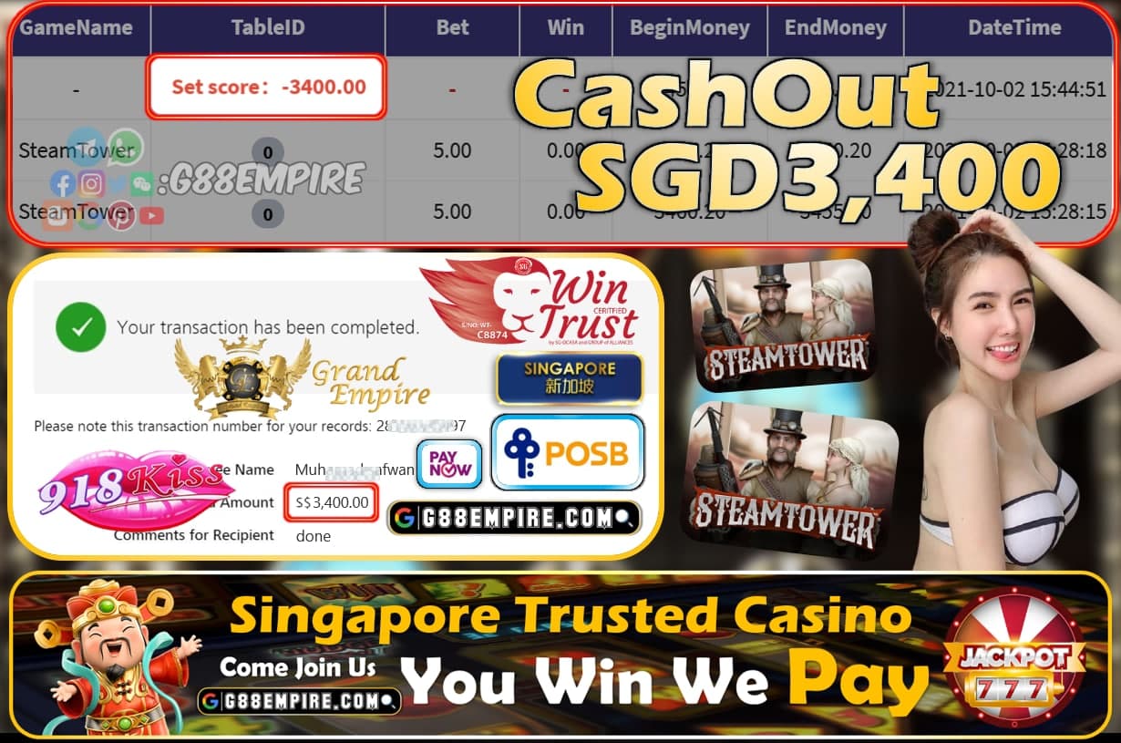 918KISS - STEAMTOWET CASHOUT SGD3400 !!!