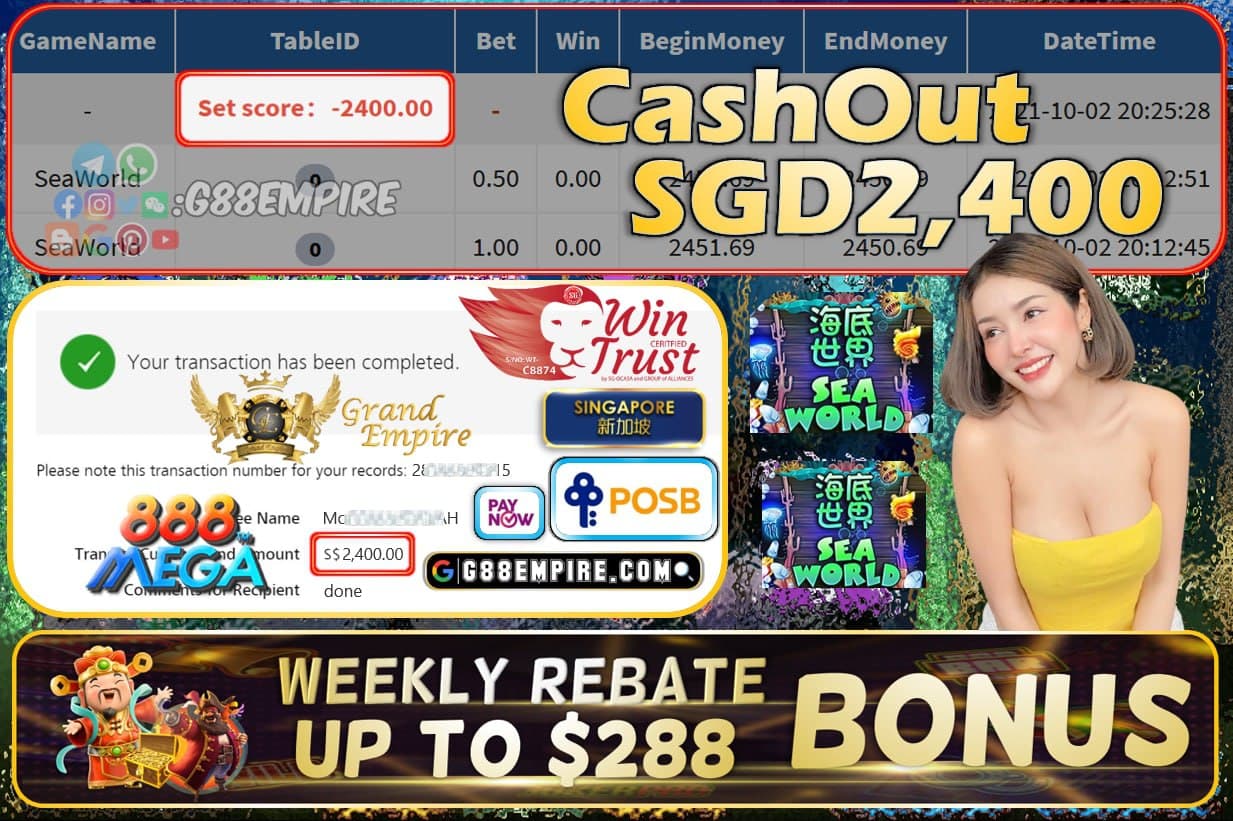 MEGA888 - SEAWORLD CASHOUT SGD2400 !!!