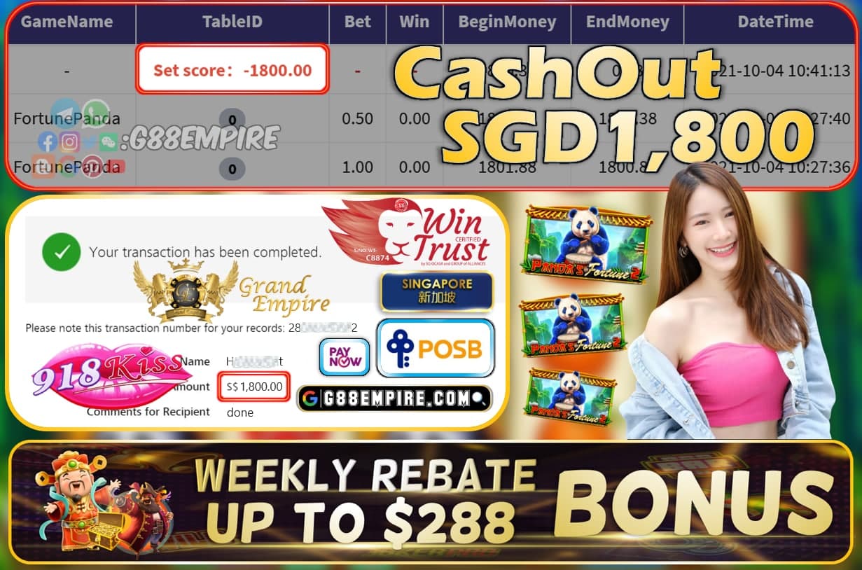 918KISS - FORTUNE PANDA CASHOUT SGD1800 !!!