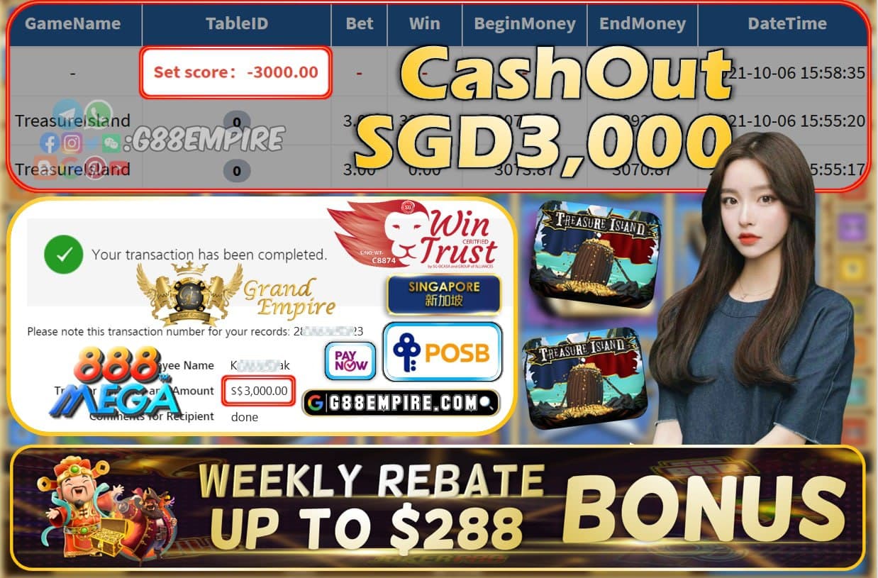 MEGA888 - TREASURELSLAND CASHOUT SGD3000 !!!