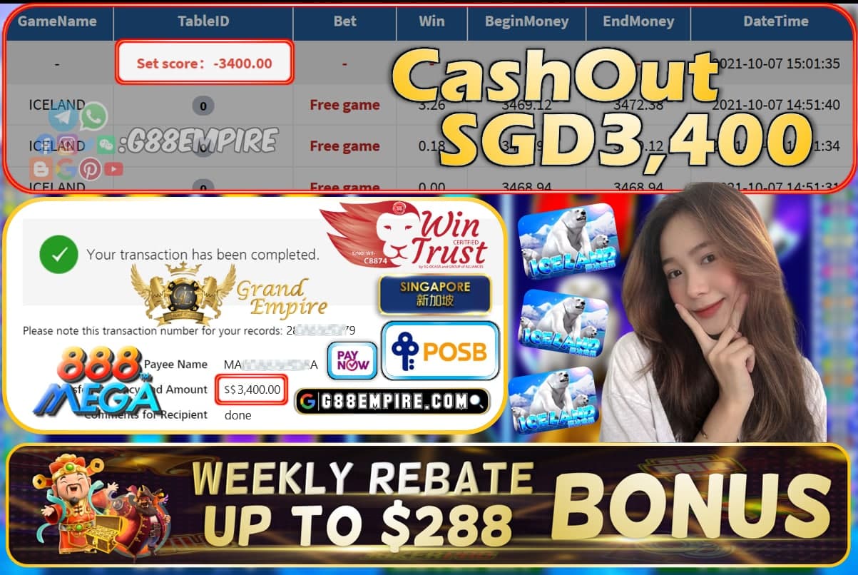 MEGA888 - ICELAND CASHOUT SGD3400 !!!