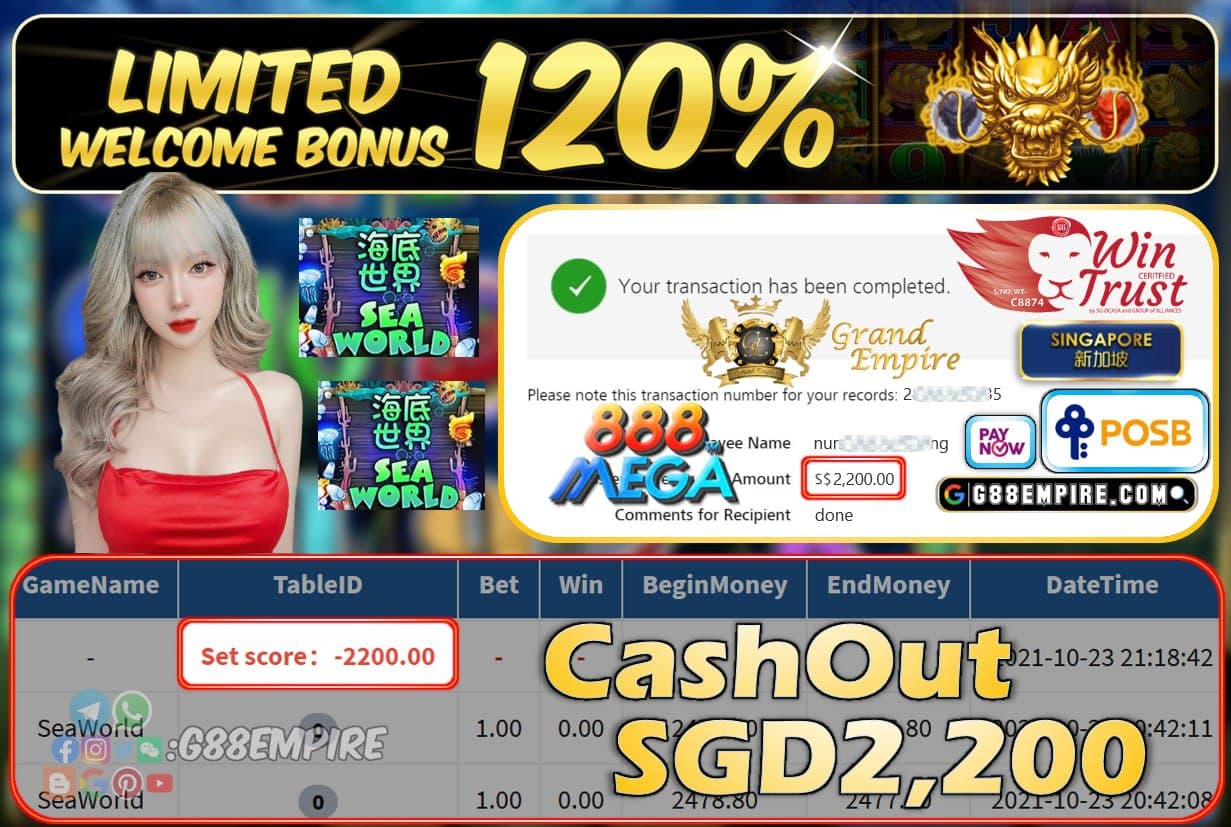 MEGA888 - SEAWORLD CASHOUT SGD2200 !!!