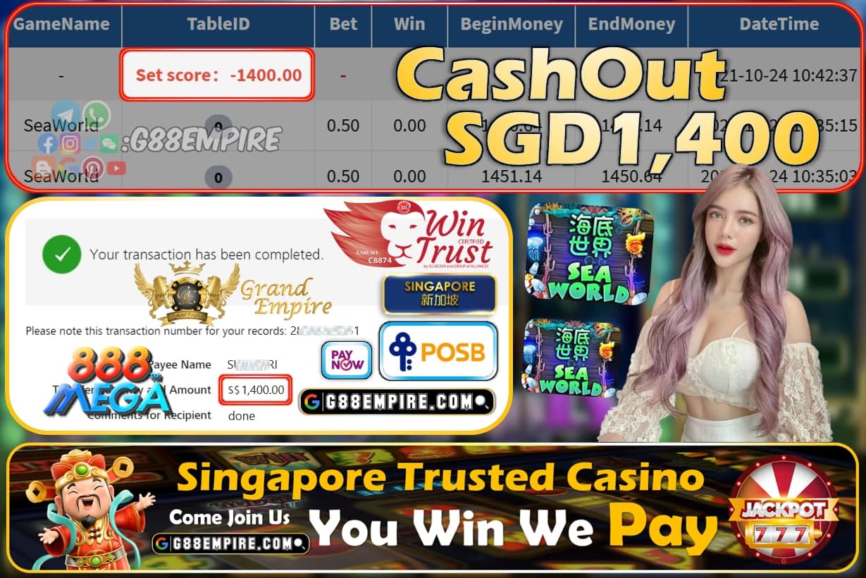 MEGA888  - SEAWORLD CASHOUT SGD1400 !!!