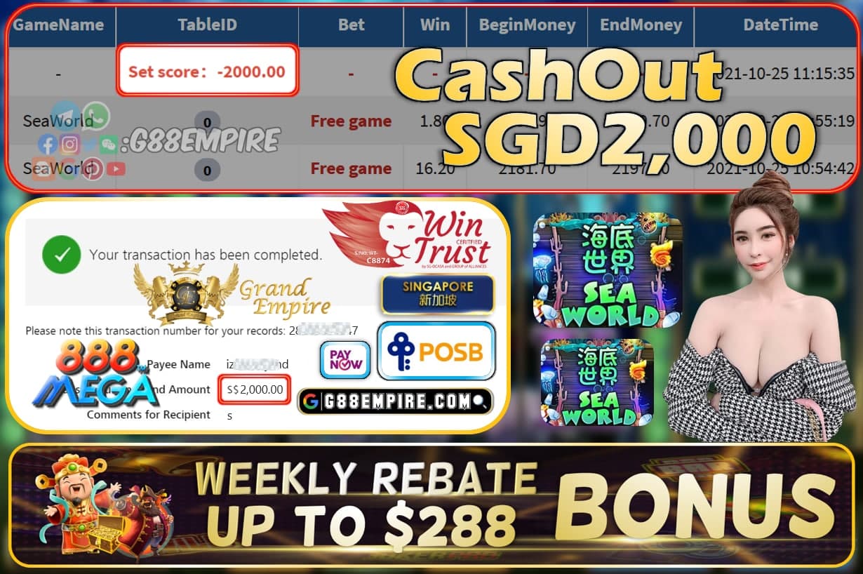 MEGA888 - SEAWORLD CASHOUT SGD2000 !!!