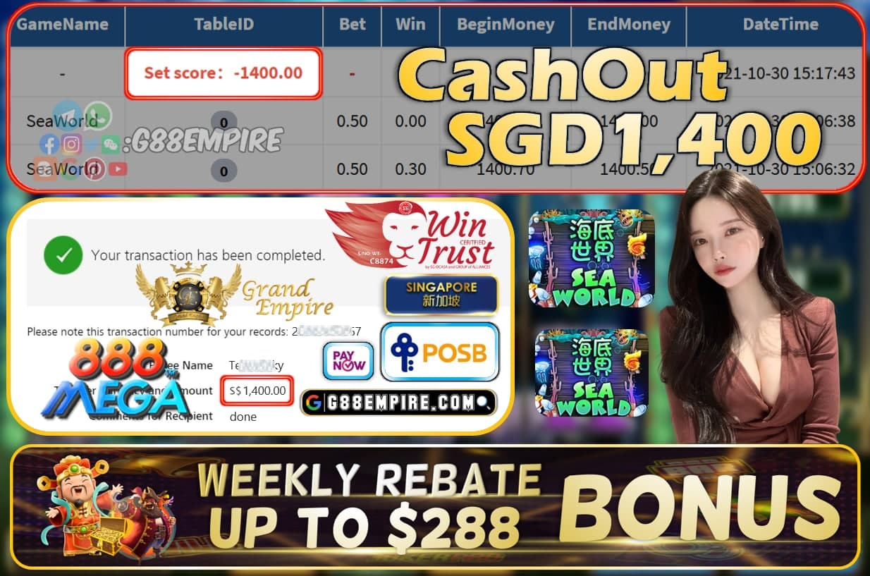 MEGA888 - SEAWORLD CASHOUT SGD1400 !!!