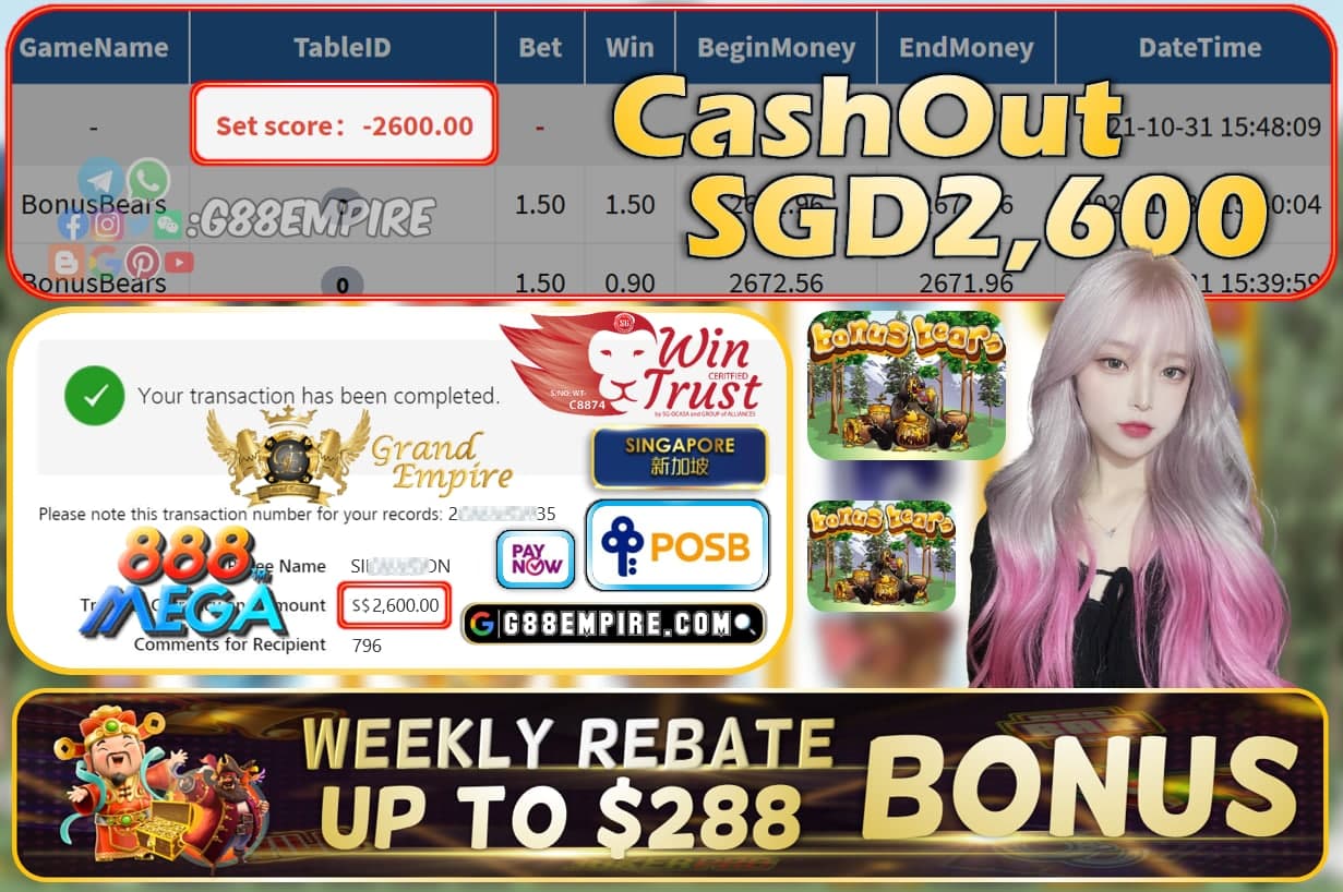 MEGA888 - BONUS BEARS CASHOUT  SGD2600 !!!