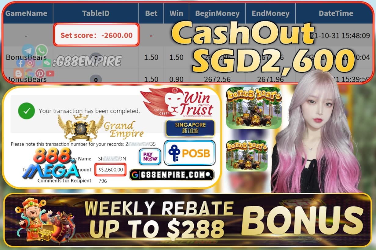 MEGA888 - BONUS BEARS CASHOUT  SGD2600 !!!