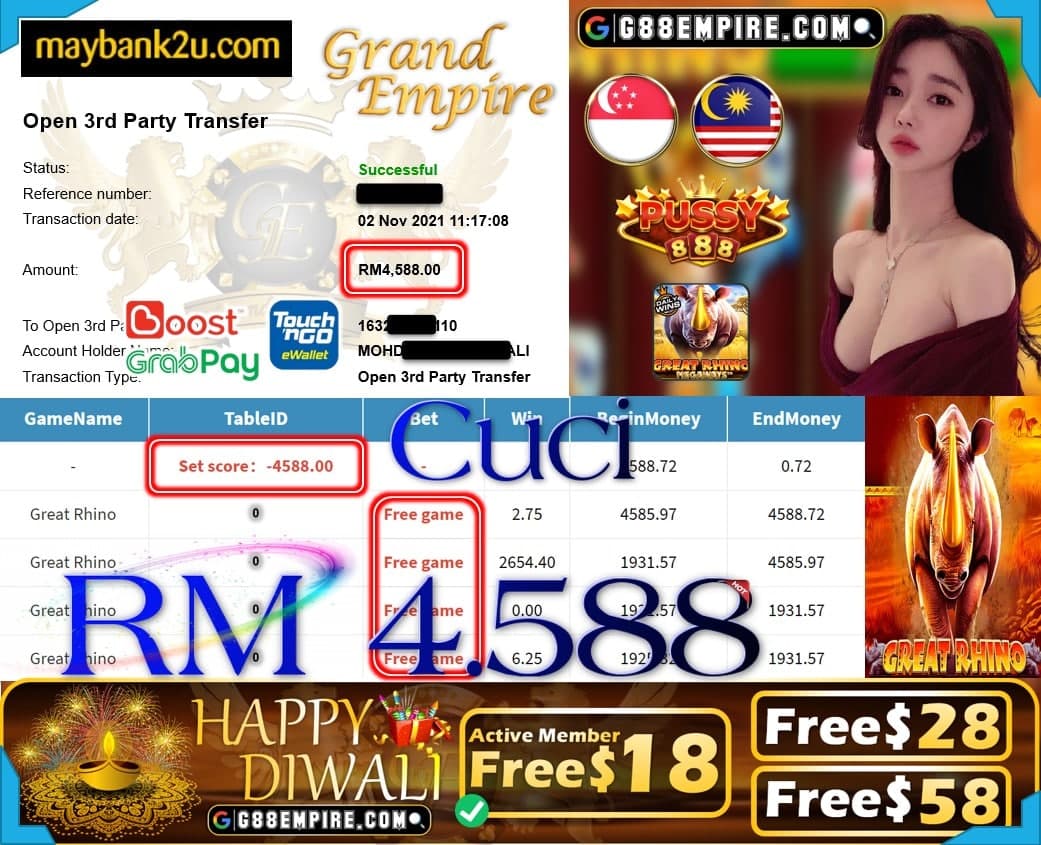 PUSSY888 - GREAT RHINO CUCI RM4,588 !!!