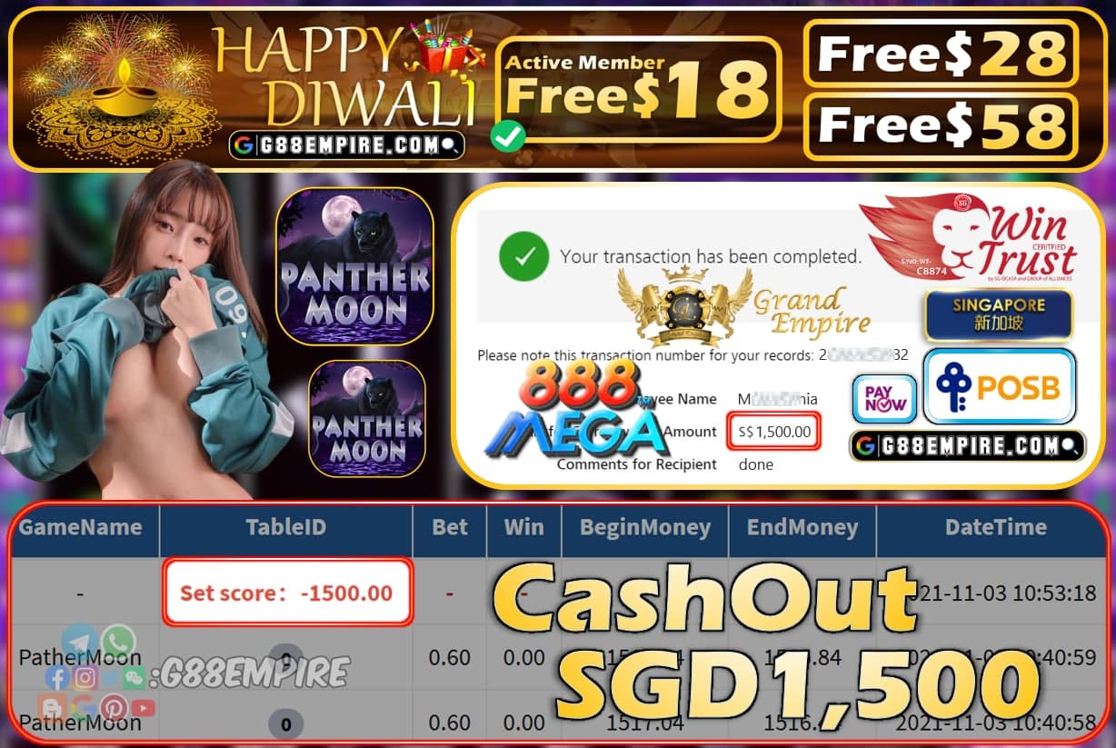 MEGA888 - PATHERMOON CASHOUT SGD1500 !!!