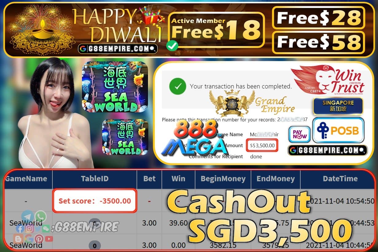 MEGA888 - SEAWORLD CASHOUT SGD3500 !!!