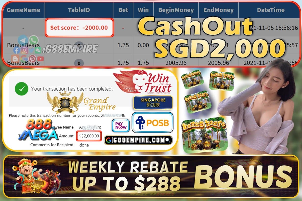 MEGA888 - BONUSBEARS CASHOUT SGD2000 !!!