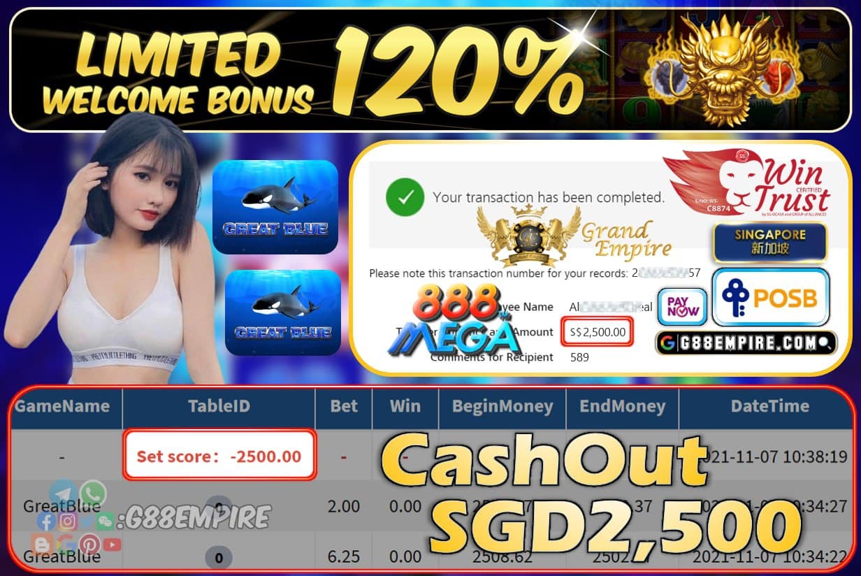 MEGA888 - GREATBLUE CASHOUT SGD2500 !!!