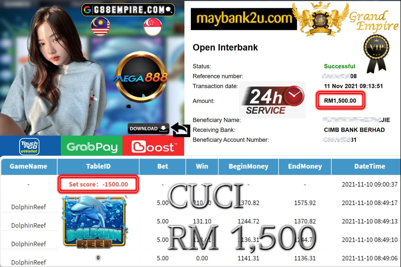 MEGA888 - DOLPHINREEF CUCI RM1,500 !!!