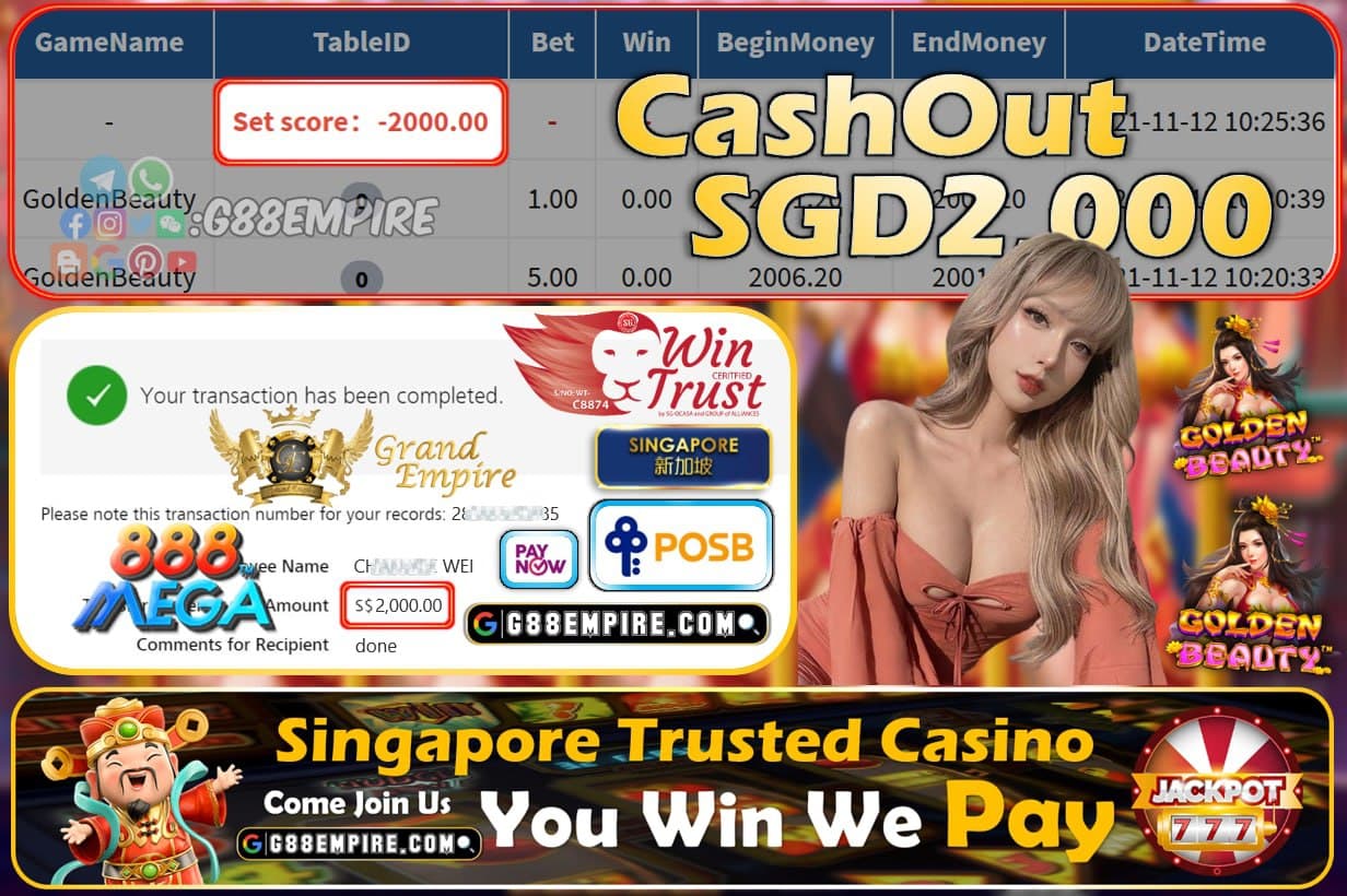 MEGA888 - GOLDEN BEAUTY CASHOUT SGD2000 !!!