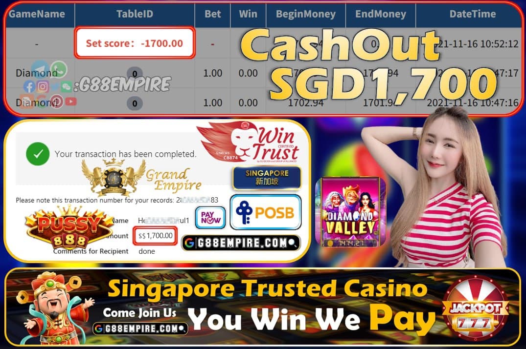 PUSSY888 - DIAMOND CASHOUT SGD1700 !!!