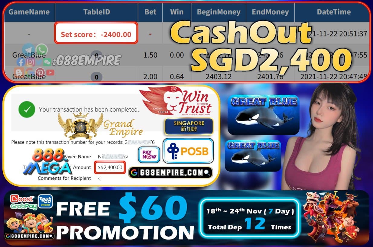 MEGA888 - GREATBLUE CASHOUT SGD2400 !!!