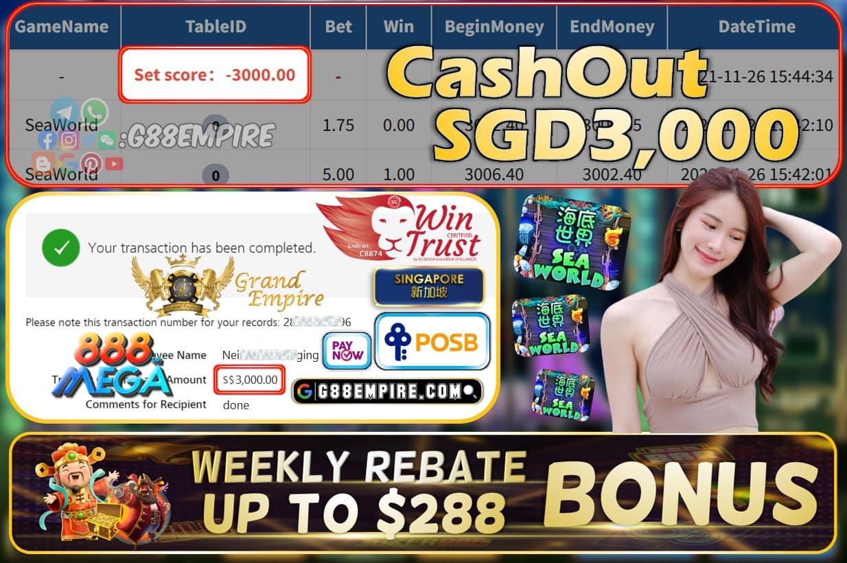 MEGA888 - SEAWORLD CASHOUT SGD3000 !!!