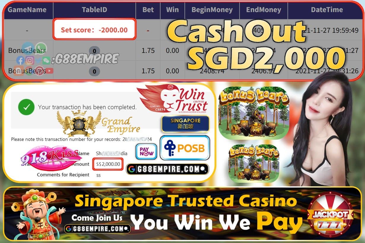 918KISS - BONUS BEARS CASHOUT SGD2000 !!!