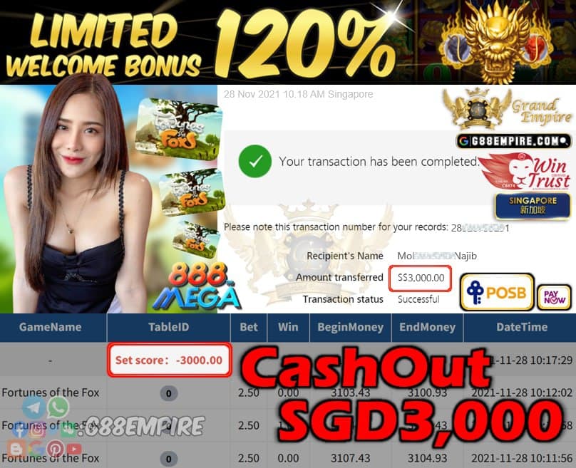 MEGA888 - FORTUNESOFTHEFOX CASHOUT SGD3000 !!!