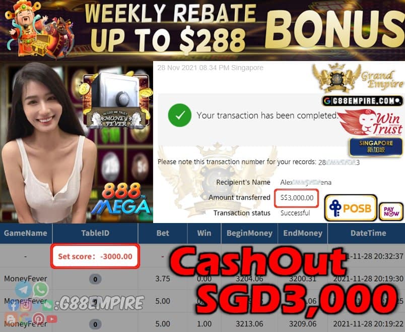 MEGA888 - MONEYFEVER CASHOUT SGD3000 !!!