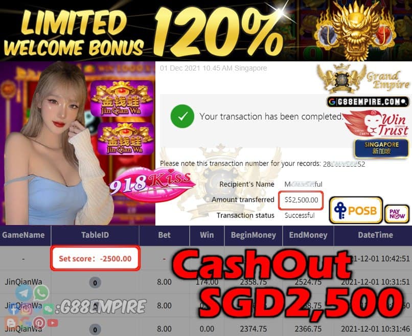 918KISS - JINQIANWA CASHOUT SGD2500 !!!