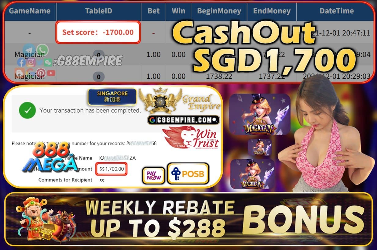 MEGA888 - MAGICIAN CASHOUT SGD1700 !!!