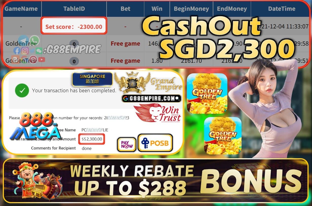 MEGA888 - GOLDENTREE CASHOUT SGD2300 !!!