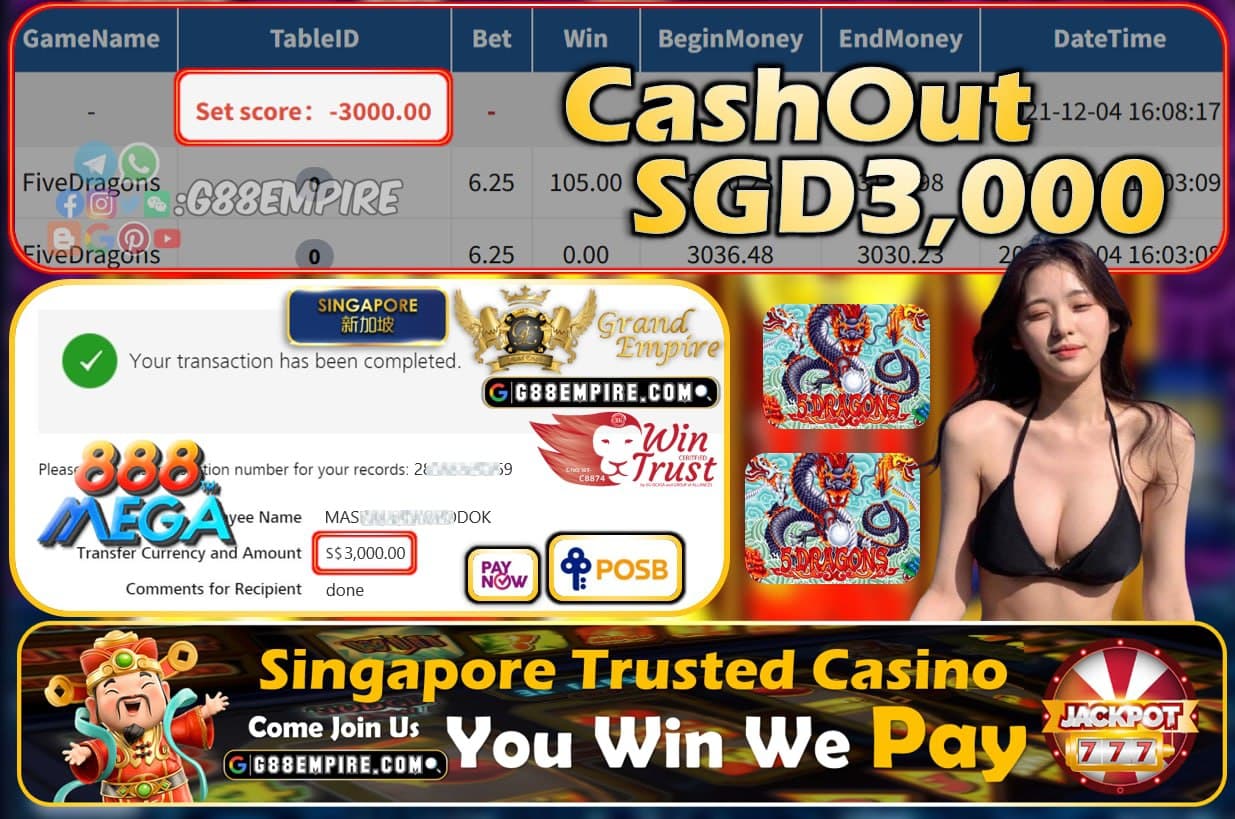 MEGA888 - FIVEDRAGONS CASHOUT SGD3000 !!!