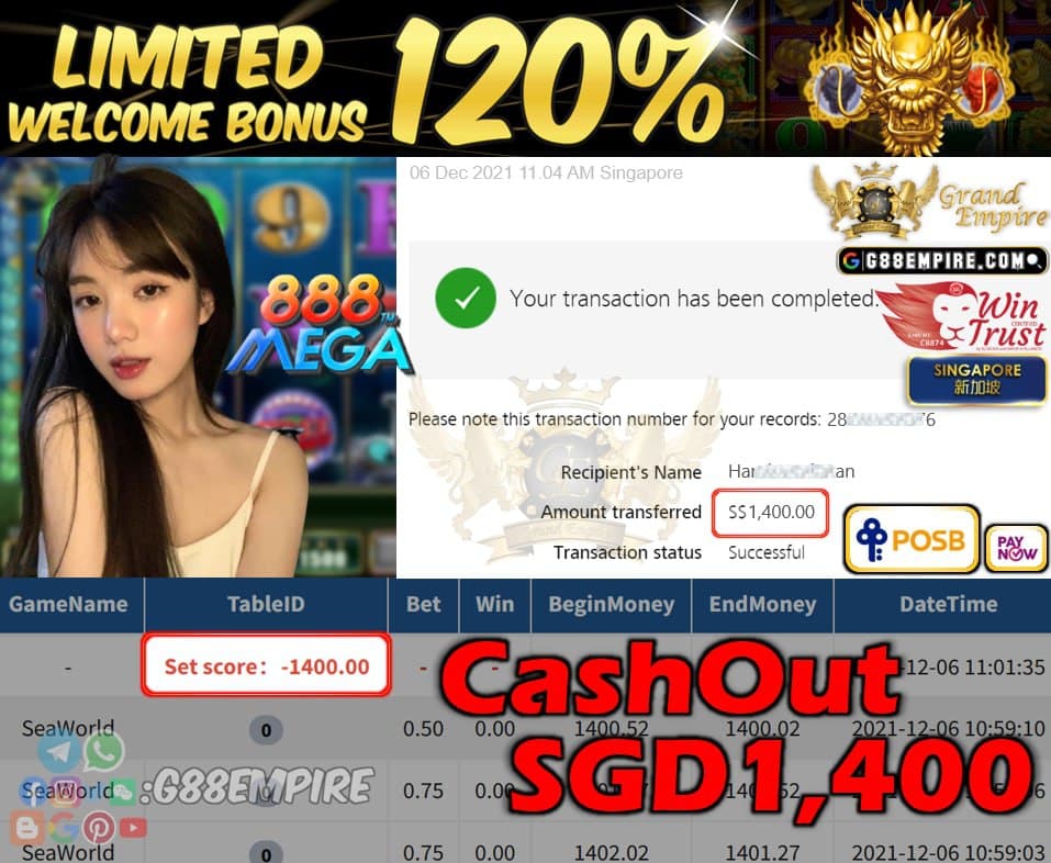 MEGA888 - SEAWORLD CASHOUT SGD1400 !!!