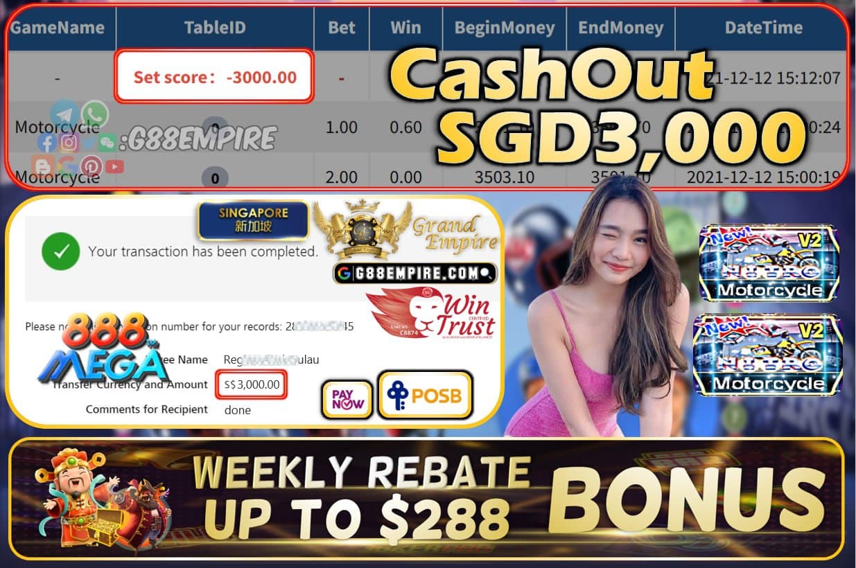 MEGA888 - MOTORCYCLE CASHOUT SGD3000 !!!